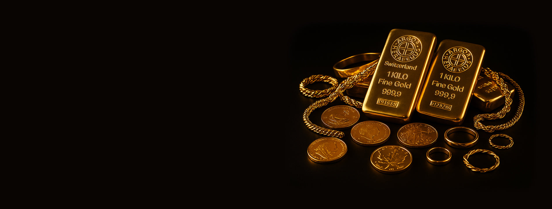 Gold coins, bars, and jewelry on a black background