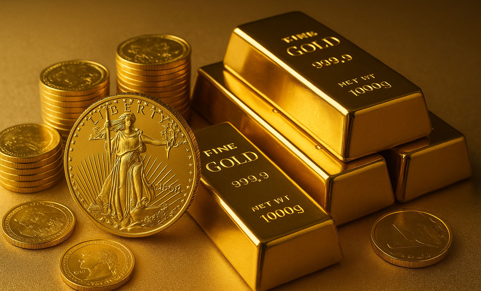 Gold coins and bars
