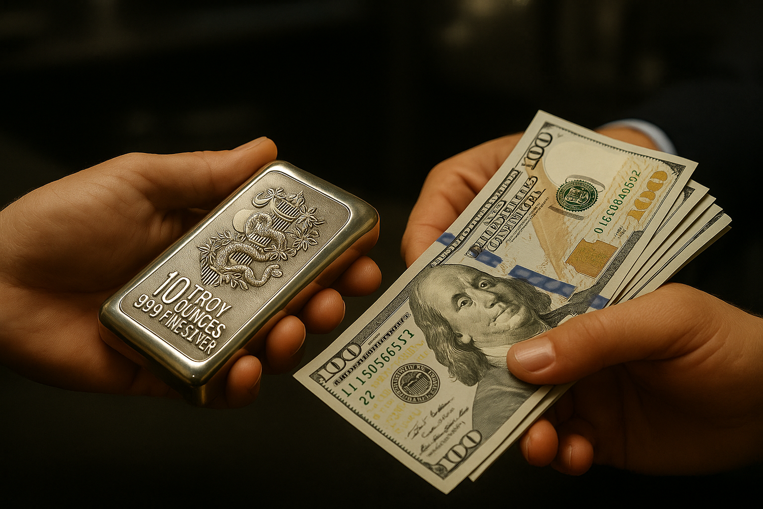 Hands holding a silver bar and a stack of U.S. dollar 